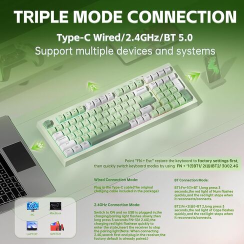 لوحة مفاتيح الألعاب LEOBOG x Aula، لوحة مفاتيح كريمية لاسلكية، لوحات مفاتيح كمبيوتر بلوتوث، شعور ميكانيكي بالحجم الكامل مع لوحة أرقام تضيء RGB بإضاءة خلفية ثلاثية الوضع BT/2.4 جيجا هرتز/USB-C - K99 أخضر in Kuwait