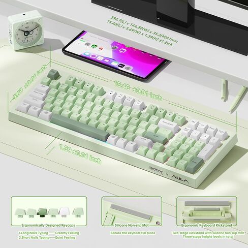 لوحة مفاتيح الألعاب LEOBOG x Aula، لوحة مفاتيح كريمية لاسلكية، لوحات مفاتيح كمبيوتر بلوتوث، شعور ميكانيكي بالحجم الكامل مع لوحة أرقام تضيء RGB بإضاءة خلفية ثلاثية الوضع BT/2.4 جيجا هرتز/USB-C - K99 أخضر in Kuwait