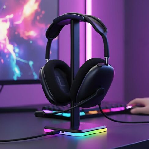 حامل سماعة رأس RGB مع تحكم باللمس، حامل سماعة رأس للألعاب مع منفذي شحن USB-C، 3 أوضاع RGB ديناميكية، أضواء تهوية 7 ألوان، إصدار شريط بلاستيكي إضافي (أسود) in Saudi Arabia