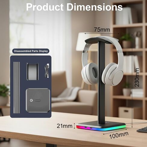 حامل سماعة رأس RGB مع تحكم باللمس، حامل سماعة رأس للألعاب مع منفذي شحن USB-C، 3 أوضاع RGB ديناميكية، أضواء تهوية 7 ألوان، إصدار شريط بلاستيكي إضافي (أسود) in Saudi Arabia