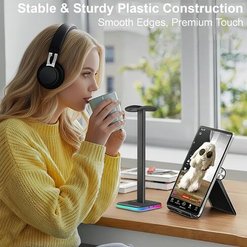 حامل سماعة رأس RGB مع تحكم باللمس، حامل سماعة رأس للألعاب مع منفذي شحن USB-C، 3 أوضاع RGB ديناميكية، أضواء تهوية 7 ألوان، إصدار شريط بلاستيكي إضافي (أسود) in Saudi Arabia