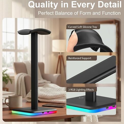 حامل سماعة رأس RGB مع تحكم باللمس، حامل سماعة رأس للألعاب مع منفذي شحن USB-C، 3 أوضاع RGB ديناميكية، أضواء تهوية 7 ألوان، إصدار شريط بلاستيكي إضافي (أسود) in Saudi Arabia