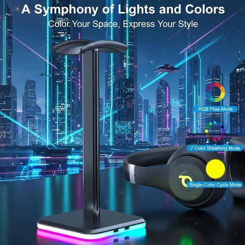 حامل سماعة رأس RGB مع تحكم باللمس، حامل سماعة رأس للألعاب مع منفذي شحن USB-C، 3 أوضاع RGB ديناميكية، أضواء تهوية 7 ألوان، إصدار شريط بلاستيكي إضافي (أسود) in Saudi Arabia