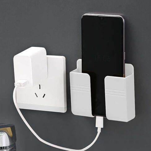 1 Pc Adhesive Wall - Mounted Phone Holder with Data Cable Hole & Storage Box: Ideal for Bedroom, Kitchen, Bathroom, Office（White） in Saudi Arabia