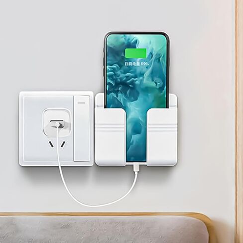 1 Pc Adhesive Wall - Mounted Phone Holder with Data Cable Hole & Storage Box: Ideal for Bedroom, Kitchen, Bathroom, Office（White） in Saudi Arabia
