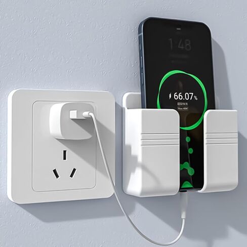 1 Pc Adhesive Wall - Mounted Phone Holder with Data Cable Hole & Storage Box: Ideal for Bedroom, Kitchen, Bathroom, Office（White） in Saudi Arabia
