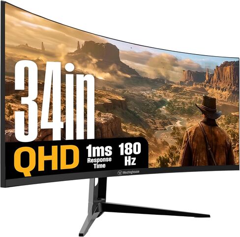 شاشة ألعاب Westinghouse 49 بوصة منحنية فائقة الدقة QHD، AMD FreeSync Premium، ضبابية حركة منخفضة، منحنى R1800، 5120x1440، لألعاب الكمبيوتر مع مكبرات صوت مدمجة، 2X DisplayPort، 2X HDMI، USB C in Kuwait