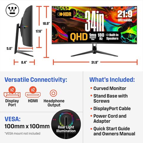 شاشة ألعاب Westinghouse 49 بوصة منحنية فائقة الدقة QHD، AMD FreeSync Premium، ضبابية حركة منخفضة، منحنى R1800، 5120x1440، لألعاب الكمبيوتر مع مكبرات صوت مدمجة، 2X DisplayPort، 2X HDMI، USB C in Kuwait