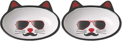PetRageous 12037 Oval Mon Ami Pierre Stoneware Cat Bowl 5.5-Inch Wide and 1.5-Inch Tall Saucer with 5.3-Ounce Capacity and Dishwasher Safe is Great For Cats, Black and White in Kuwait
