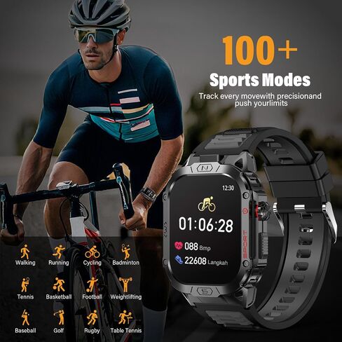Military Smart Watch for Men, 2.02" Outdoor Sport Smartwatch with Flashlight, Heart Rate Blood Oxygen Blood Pressure Sleep, 100+ Sport Modes Fitness Tracker Compatible Android and iOS Black in Saudi Arabia