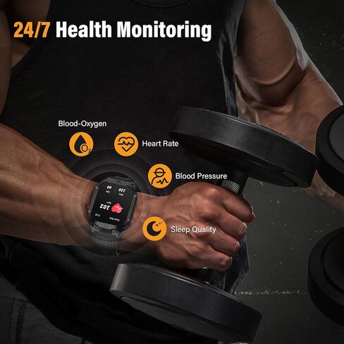 Military Smart Watch for Men, 2.02" Outdoor Sport Smartwatch with Flashlight, Heart Rate Blood Oxygen Blood Pressure Sleep, 100+ Sport Modes Fitness Tracker Compatible Android and iOS Black in Saudi Arabia
