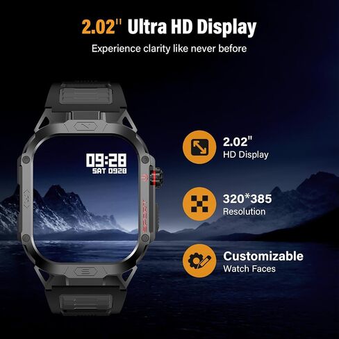 Military Smart Watch for Men, 2.02" Outdoor Sport Smartwatch with Flashlight, Heart Rate Blood Oxygen Blood Pressure Sleep, 100+ Sport Modes Fitness Tracker Compatible Android and iOS Black in Saudi Arabia