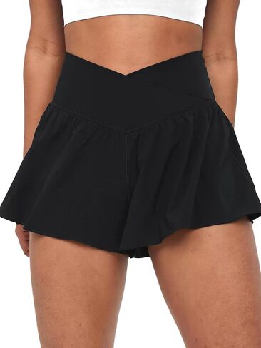 COPYLEAF Crossover Flowy Shorts for Women 2 in 1 Athletic Butterfly Running Shorts Tennis Gym Workout Shorts with Pocket in Kuwait