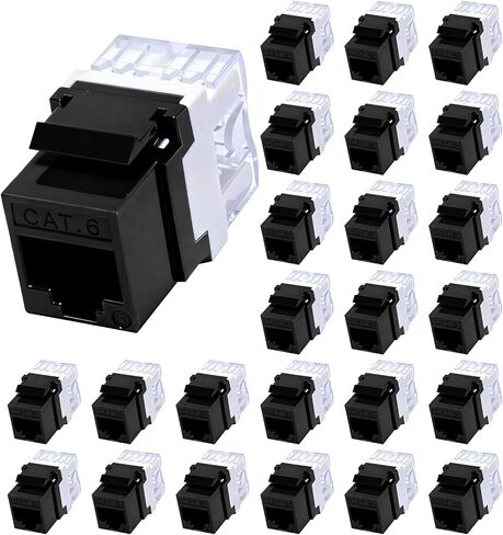 RJ45 Cat6 Keystone Jacks 25-Pack، مقبس Keystone Ethernet، 180 درجة Punch-Down Cat 6 Keystone Jack Slim Profile للوحات الحائط ولوحات التصحيح - أسود in Kuwait