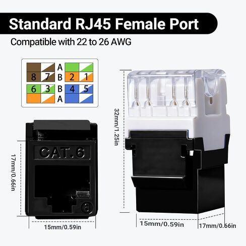 RJ45 Cat6 Keystone Jacks 25-Pack، مقبس Keystone Ethernet، 180 درجة Punch-Down Cat 6 Keystone Jack Slim Profile للوحات الحائط ولوحات التصحيح - أسود in Kuwait