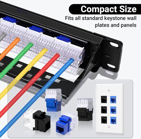 RJ45 Cat6 Keystone Jacks 25-Pack، مقبس Keystone Ethernet، 180 درجة Punch-Down Cat 6 Keystone Jack Slim Profile للوحات الحائط ولوحات التصحيح - أسود in Kuwait