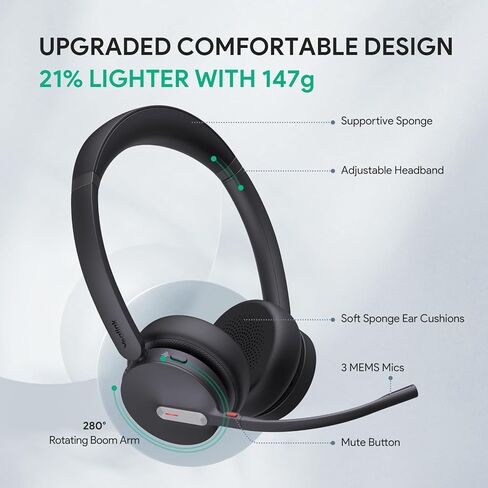 Yealink BH70 Dual UC مع حامل شحن، سماعة بلوتوث لاسلكية مع ميكروفون للعمل، عمر بطارية يصل إلى 35 ساعة، سماعات إلغاء الضوضاء 3 ميكروفون للكمبيوتر in Saudi Arabia