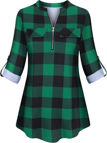 Tanst Sky Womens Casual Long Sleeve Zipped V Neck Plaid Tunic Blouses in Saudi Arabia