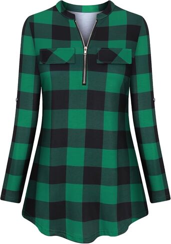 Tanst Sky Womens Casual Long Sleeve Zipped V Neck Plaid Tunic Blouses in Saudi Arabia