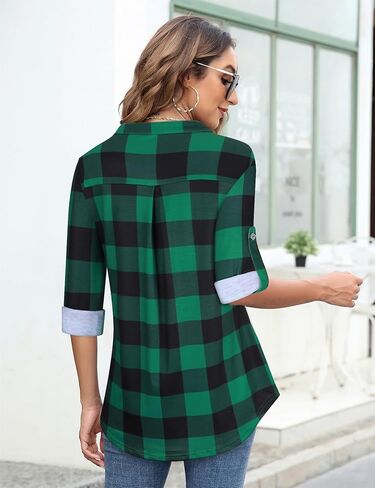 Tanst Sky Womens Casual Long Sleeve Zipped V Neck Plaid Tunic Blouses in Saudi Arabia