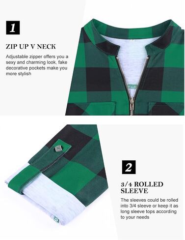 Tanst Sky Womens Casual Long Sleeve Zipped V Neck Plaid Tunic Blouses in Saudi Arabia