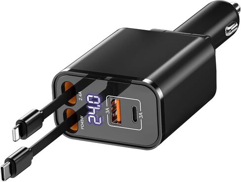 Retractable Car Charger USB C 4 in 1 87W Cigarette Lighter Car Phone Charger Adapter for iPhone 17 with Voltage Display Fast Charge for iPhone,Android,Samsung,etc in Saudi Arabia