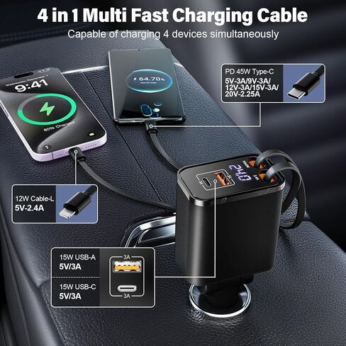 Retractable Car Charger USB C 4 in 1 87W Cigarette Lighter Car Phone Charger Adapter for iPhone 17 with Voltage Display Fast Charge for iPhone,Android,Samsung,etc in Saudi Arabia