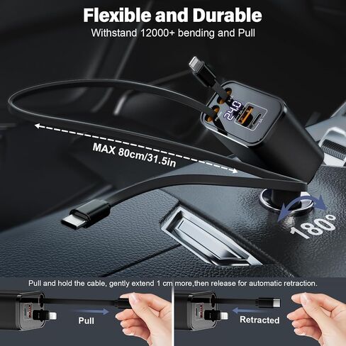Retractable Car Charger USB C 4 in 1 87W Cigarette Lighter Car Phone Charger Adapter for iPhone 17 with Voltage Display Fast Charge for iPhone,Android,Samsung,etc in Saudi Arabia