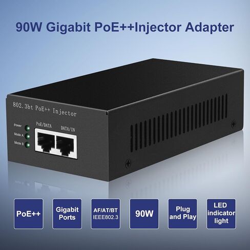 POE90 90W Gigabit Ultra PoE++ Injector Adapter, IEEE 802.3 bt /802.3at/802.3af Compliant, Up to 90W Ultra Power Supply, 10/100/1000Mbps Shielded RJ-45, Plug & Play, Metal housing in Saudi Arabia