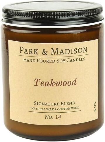 Park & Madison Teakwood Soy Candle - Heather ، Tobacco ، Amber & Sandalwood Rooma | شمعة شمع الصويا الطبيعية 100 ٪ مع جرة العنبر الخشبية (8 أوقية) in Saudi Arabia