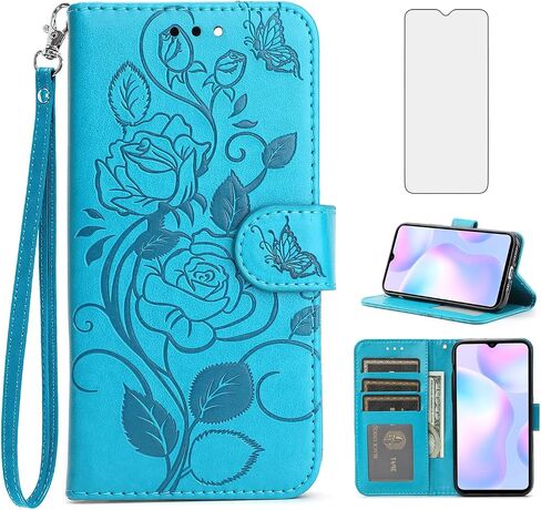 Asuwish Phone Case for Xiaomi Redmi 9A 9AT Redme 9i with Tempered Glass Screen Protector Cover and Wrist Strap Card Holder Slot Stand Cell Accessories Wallet Redmi9A A9 Redmi9i i9 Women Men Blue in Saudi Arabia