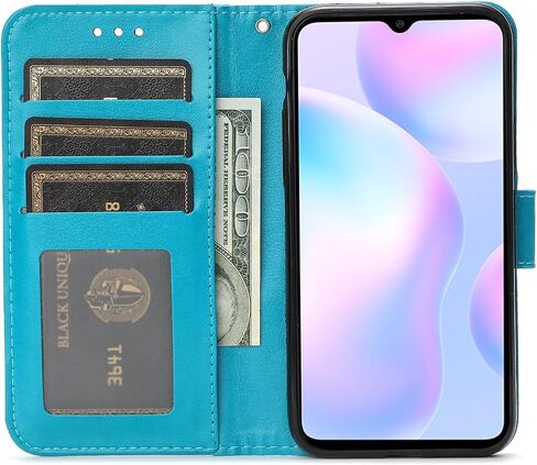 Asuwish Phone Case for Xiaomi Redmi 9A 9AT Redme 9i with Tempered Glass Screen Protector Cover and Wrist Strap Card Holder Slot Stand Cell Accessories Wallet Redmi9A A9 Redmi9i i9 Women Men Blue in Saudi Arabia