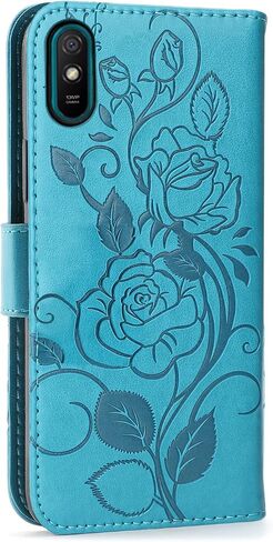 Asuwish Phone Case for Xiaomi Redmi 9A 9AT Redme 9i with Tempered Glass Screen Protector Cover and Wrist Strap Card Holder Slot Stand Cell Accessories Wallet Redmi9A A9 Redmi9i i9 Women Men Blue in Saudi Arabia