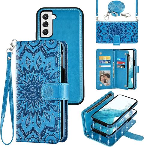Phone Case for Samsung Galaxy S22 5G Zipper Wallet Magnetic Detachable Cell Cover with Screen Protector Crossbody Lanyard Strap Flower Flip Card Holder Slot S 22 4G G5 6.1 inch Women Girls Purple in Saudi Arabia
