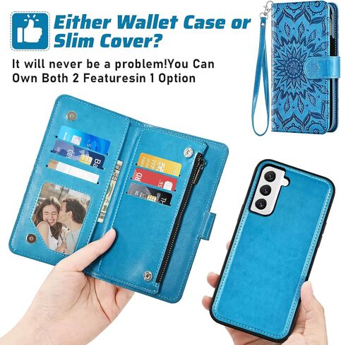 Phone Case for Samsung Galaxy S22 5G Zipper Wallet Magnetic Detachable Cell Cover with Screen Protector Crossbody Lanyard Strap Flower Flip Card Holder Slot S 22 4G G5 6.1 inch Women Girls Purple in Saudi Arabia