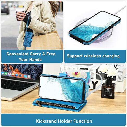 Phone Case for Samsung Galaxy S22 5G Zipper Wallet Magnetic Detachable Cell Cover with Screen Protector Crossbody Lanyard Strap Flower Flip Card Holder Slot S 22 4G G5 6.1 inch Women Girls Purple in Saudi Arabia