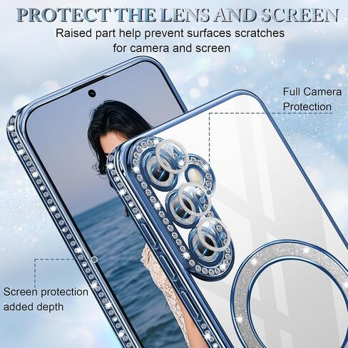Migexxkj for Samsung Galaxy S25 Case Glitter Magnetic [Built-in Camera Lens Protector] with 1 Screen Protector with Mag-Safe Phone Case for Samsung S25 5G Soft TPU Clear Shockproof Cover (Blue) in Kuwait