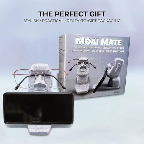 حامل الهاتف والنظارات من Moai - حامل هاتف مكتبي 2 في 1 ومسند للنظارات - ديكور مكتب ملتوي، حامل تمثال راتنج مضحك - 3 زوايا رؤية عمودية/أفقية، للعمل والمكتب المنزلي in Kuwait