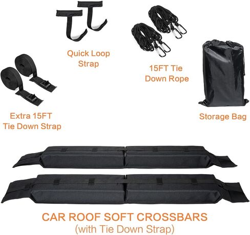 حامل سقف ناعم للسيارة عالمي لزورق الكاياك لركوب الأمواج، رف سطح السيارة للتزلج والتزحلق على الجليد مع شريطين للربط للأسفل عالي التحمل، 2 حبل للأسفل، 2 حزام بحلقة سريعة وحقيبة تخزين in Kuwait