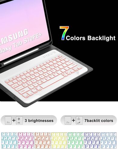 حافظة لوحة مفاتيح KVAGO لجهاز Samsung Galaxy Tab S10 FE Plus/S10 FE+ 13.1 بوصة 2025، لوحة مفاتيح بلوتوث بإضاءة خلفية قابلة للفصل بـ 7 ألوان، غطاء مع حامل قلم S (ذهبي وردي) in Saudi Arabia