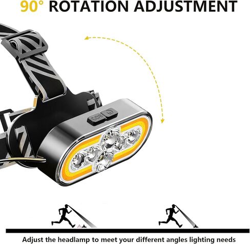 Headlamp Rechargeable, 6 LED 2 COB Head Lamp, 90° Rotating Head Flashlight, Super Bright Waterproof Head Light for Camping, Hiking, Walking, Fishing, Working in Saudi Arabia