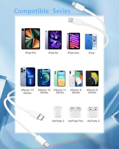 عبوتان من كابلات الشحن لهواتف iPhone 17 16 15 14 13 12 11، متوافقة مع جميع موديلات iPhone Plus Max Pro Max، USB من النوع C+Lighting، سلك شحن USB C+Type C iPhone (أبيض C 2 L-ning) in Kuwait