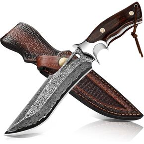 سكين صيد دمشقي مصنوع يدويًا، سكين باوي ذو نصل ثابت مقاس 10.4 بوصة مع غمد، سكاكين فولاذية دمشقية حقيقية مع مقبض VG10 أساسي وخشب، سكاكين تانغ كاملة EDC للرجال والنساء، والمغامرة، والبقاء على قيد الحياة، والمشي لمسافات طويلة، والتخييم، وهدايا للرجال والنساء in Kuwait
