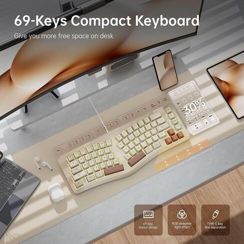 لوحة مفاتيح الألعاب 7KEYS TKL، سلكية 84 مفتاحًا بإضاءة خلفية RGB، كابل من النوع C قابل للفصل والثبات، هادئ للكتابة، مريح للكمبيوتر المكتبي والكمبيوتر المحمول Mac Gamer in Kuwait