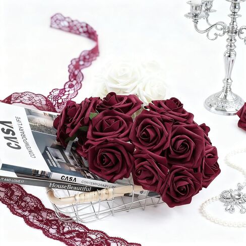 Artificial Flowers Real Looking Rose 25pcs Foam Rose with Stems Eternal Fake Rose for Wedding Home Decor Bridal Shower DIY Decoration Table Centerpieces, Floral Arrangements, Ivory in Saudi Arabia