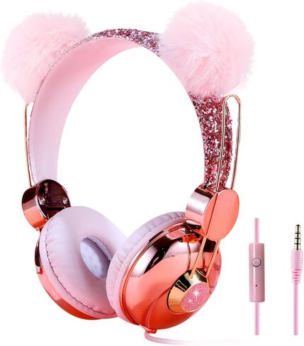 CHTON Kids Headphones for Girls, Cute Bear Ear Headphones with Microphone, 3.5mm Jack Wired Girls Headphones for School/Travel/iPad/Tablet (Pink) in Saudi Arabia