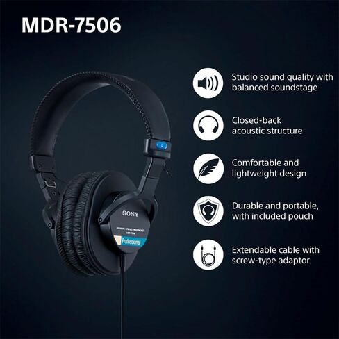 مجموعة سماعات الرأس MDR7506 الاحترافية الكبيرة من سوني مع حافظة سماعة الرأس باللون الأسود وحزمة حماية معززة لمدة عام واحد من CPS in Saudi Arabia