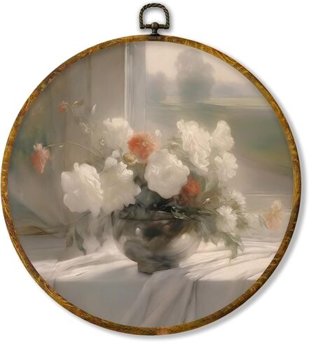HiUwevt Vintage White Floral Book Round Wall Art Decor ، محايدة الكتب الأنيقة المعلقة من القماش المطبوعات الفنية مؤطرة ، ديكور جدار دائري ريفي لمكتبة قراءة Nook Room ، 10 × 10 بوصة in Kuwait