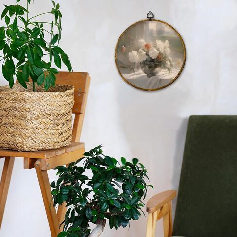 HiUwevt Vintage White Floral Book Round Wall Art Decor ، محايدة الكتب الأنيقة المعلقة من القماش المطبوعات الفنية مؤطرة ، ديكور جدار دائري ريفي لمكتبة قراءة Nook Room ، 10 × 10 بوصة in Kuwait