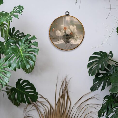 HiUwevt Vintage White Floral Book Round Wall Art Decor ، محايدة الكتب الأنيقة المعلقة من القماش المطبوعات الفنية مؤطرة ، ديكور جدار دائري ريفي لمكتبة قراءة Nook Room ، 10 × 10 بوصة in Kuwait